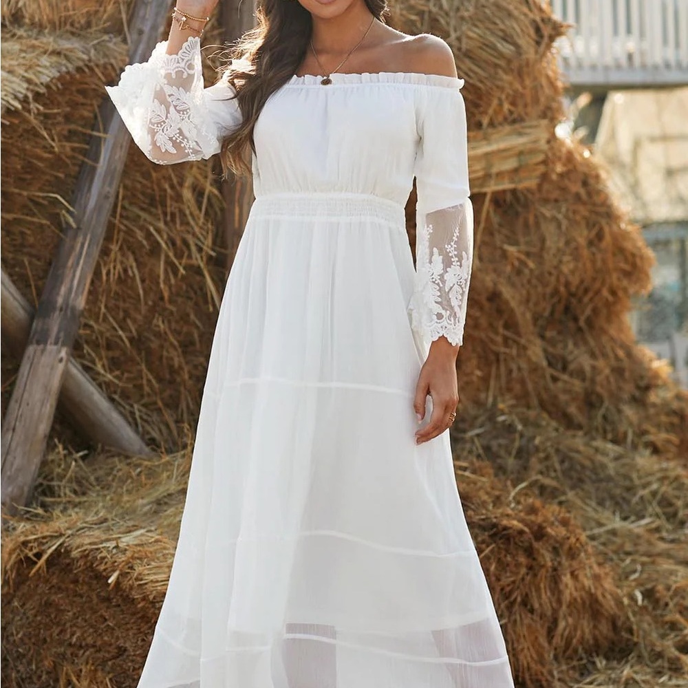 Women white boho off shoulder maxi dress photoshoot - Picture 1 of 10